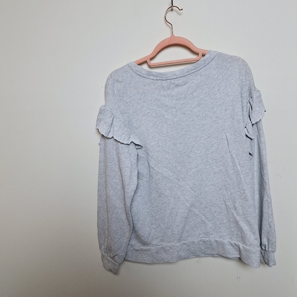 LOFT Gray Embroidered Eyelet Ruffle Crew Neck Long Sleeve Sweatshirt Medium - Picture 4 of 10